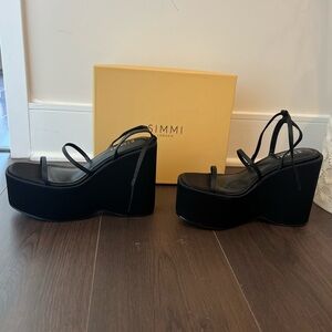 Black satin strappy platform/wedge heels with ankle buckle straps